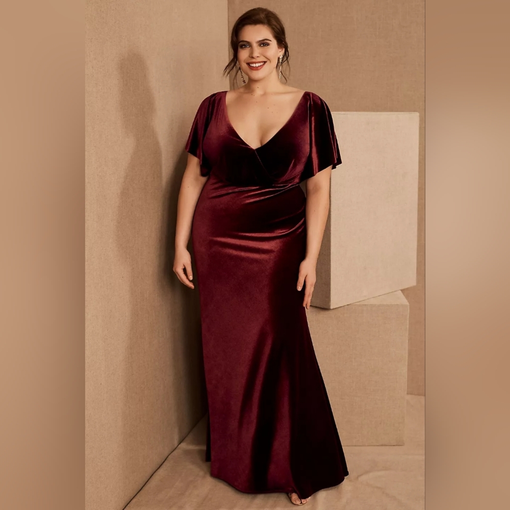 NWT BHLDN Anthropologie Jenny Yoo Ellis Blue Velvet Flutter Sleeve Gown 14